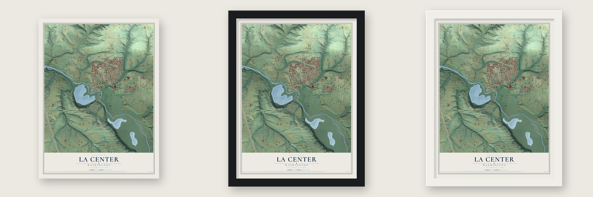 La Center, Washington map unframed, in a black wood frame and in a white wood frame