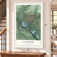 La Center, Washington map, 24 x 36 inch print in a white frame by a staircase