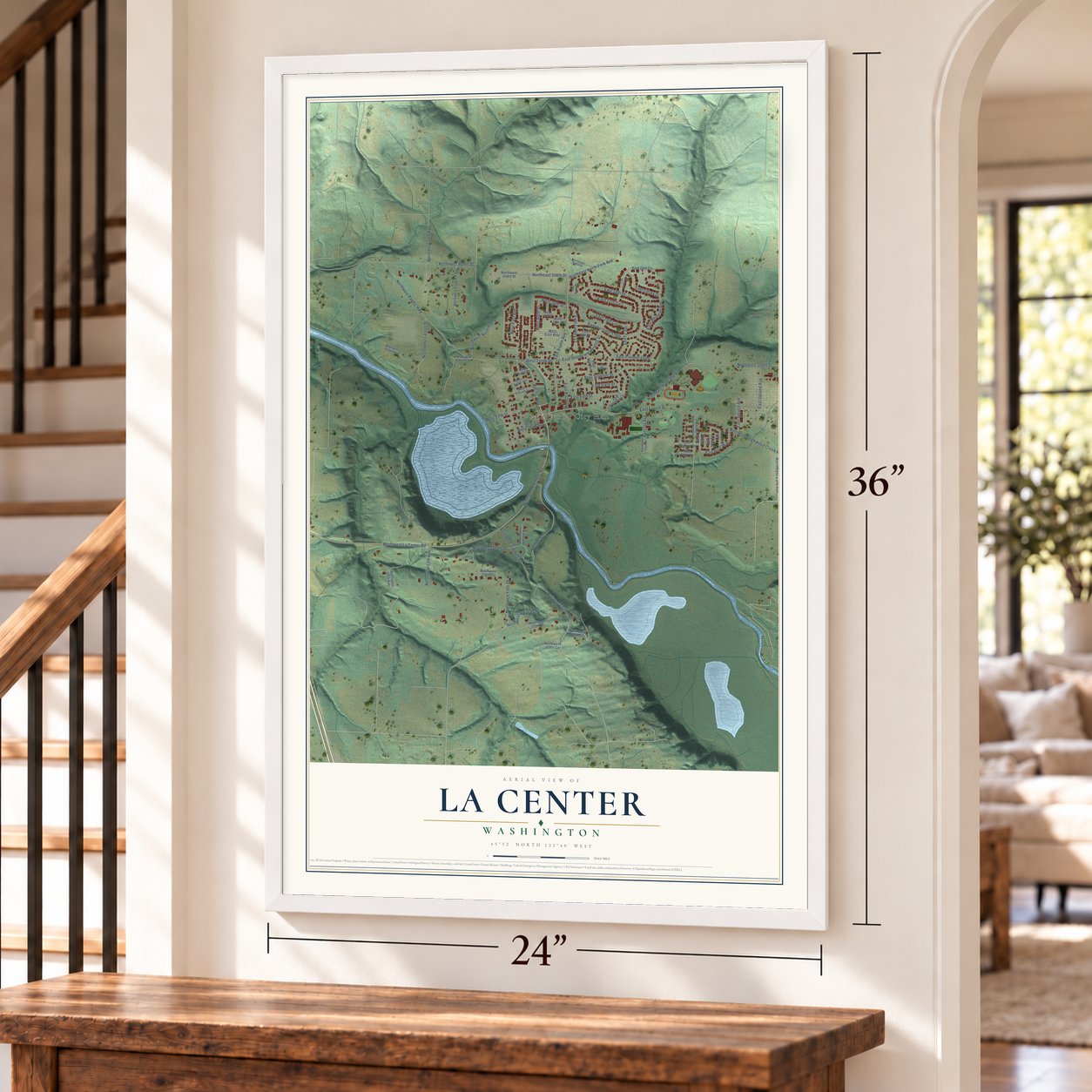 La Center, Washington map, 24 x 36 inch print in a white frame by a staircase