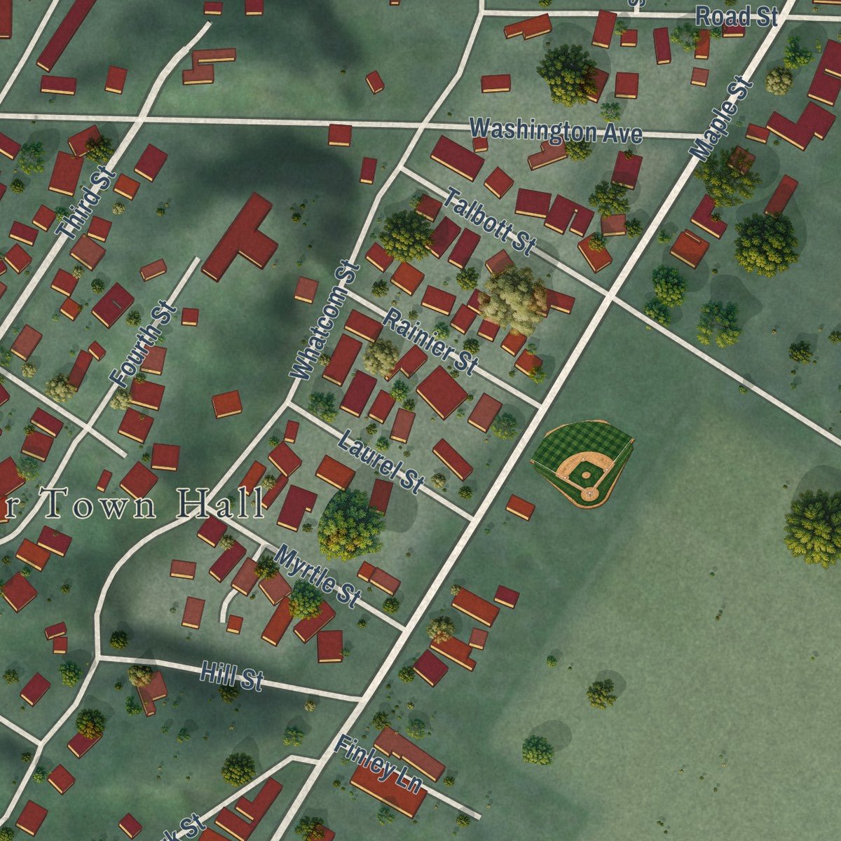 Second close-up of the map of La Conner, Washington print showing more streets and buildings