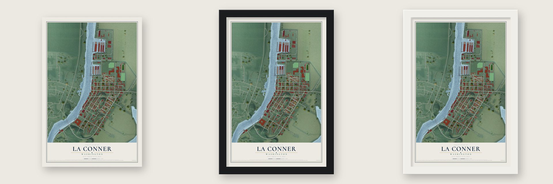 La Conner, Washington map unframed, in a black wood frame and in a white wood frame