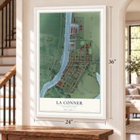 La Conner, Washington map, 24 x 36 inch print in a white frame by a staircase