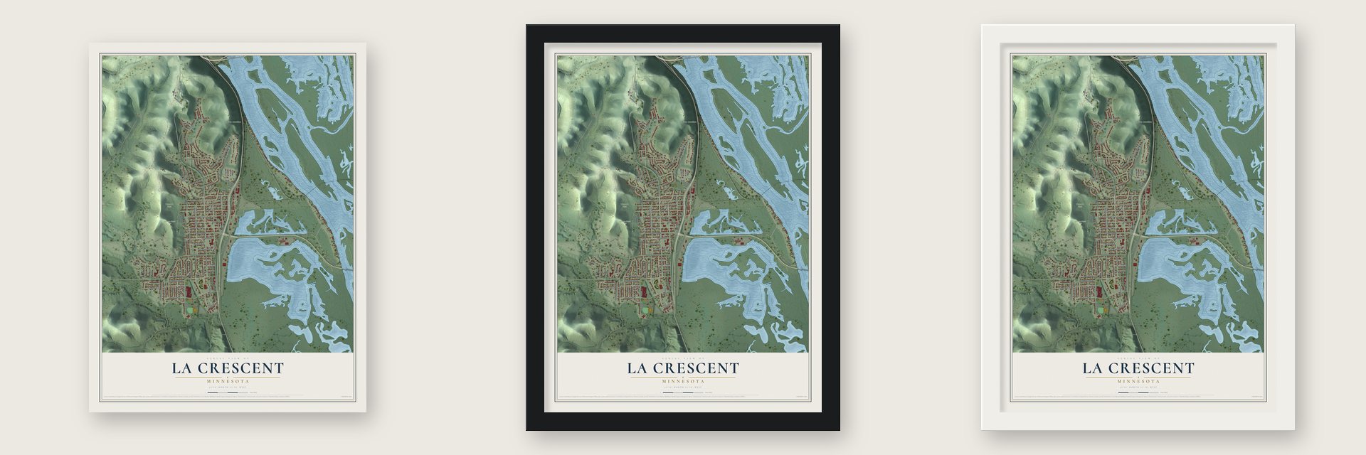 La Crescent, Minnesota map unframed, in a black wood frame and in a white wood frame
