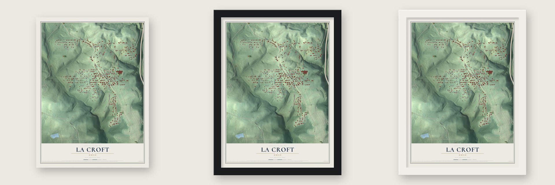 La Croft, Ohio map unframed, in a black wood frame and in a white wood frame