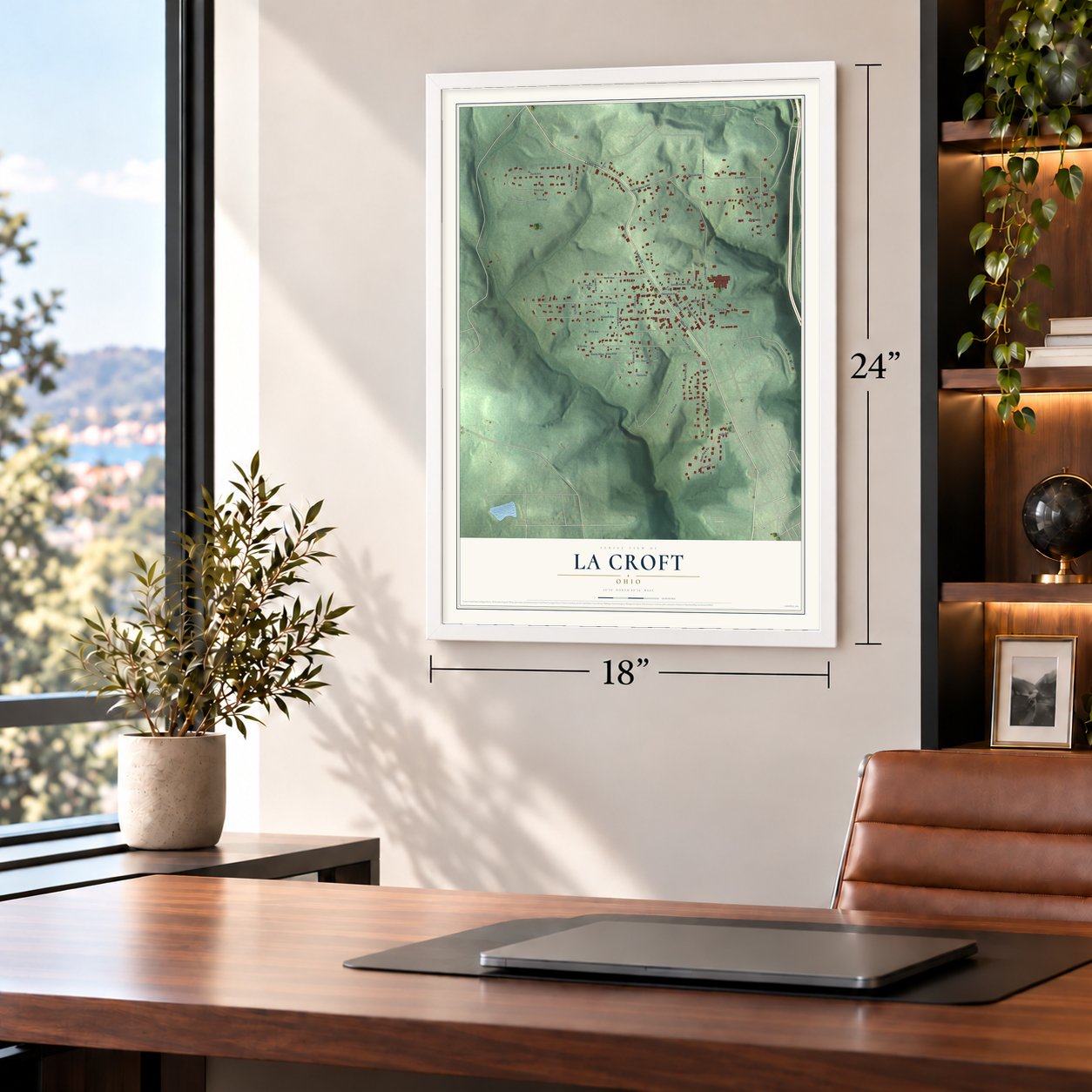 La Croft, Ohio map, 18 x 24 inch print in a white frame in a home office