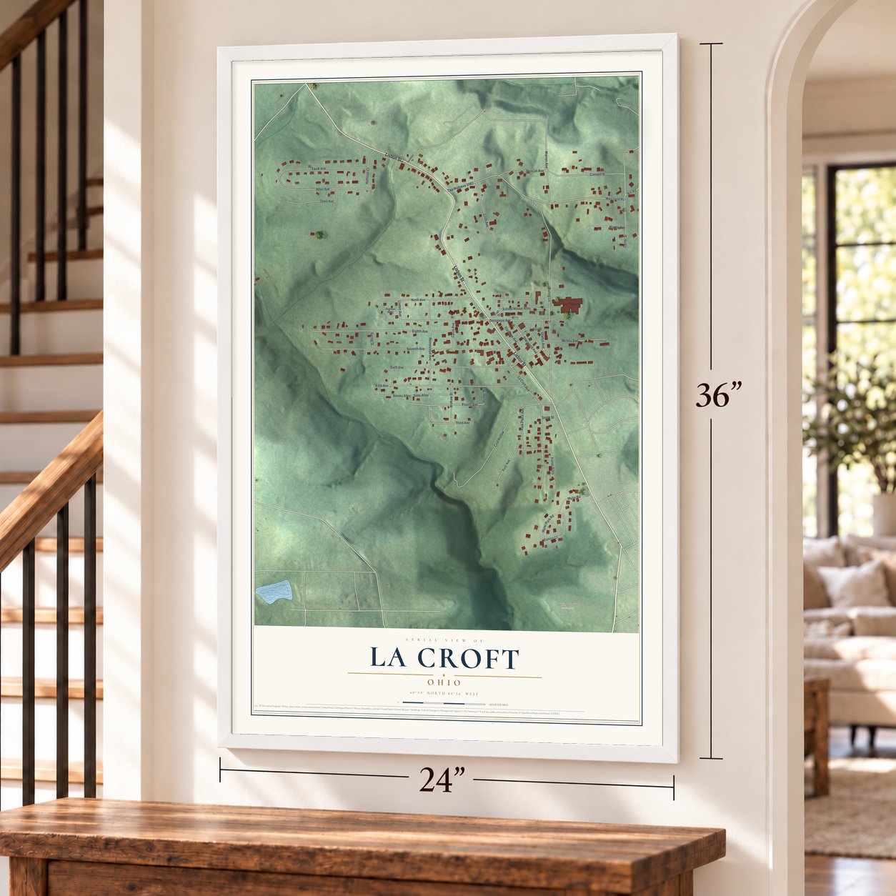 La Croft, Ohio map, 24 x 36 inch print in a white frame by a staircase