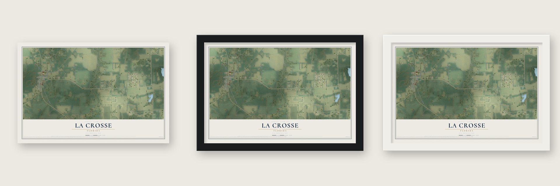 La Crosse, Florida map unframed, in a black wood frame and in a white wood frame