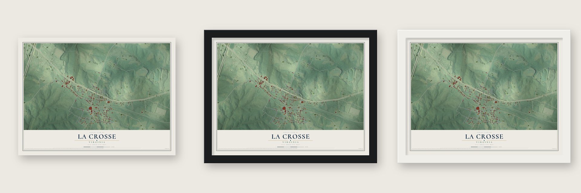 La Crosse, Virginia map unframed, in a black wood frame and in a white wood frame