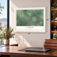 La Crosse, Virginia map, 18 x 24 inch print in a white frame in a home office