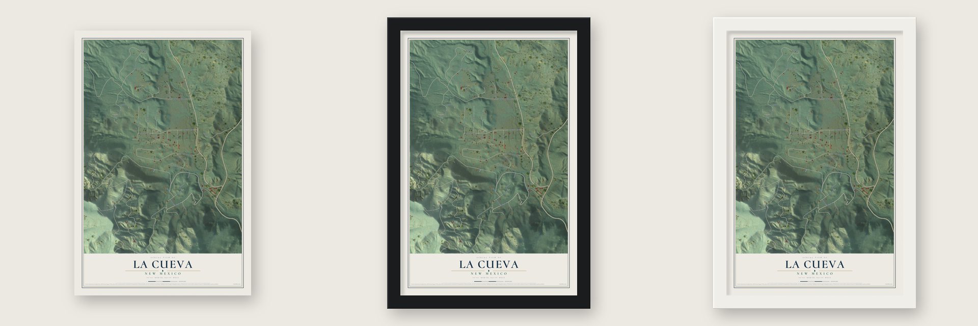 La Cueva, New Mexico map unframed, in a black wood frame and in a white wood frame