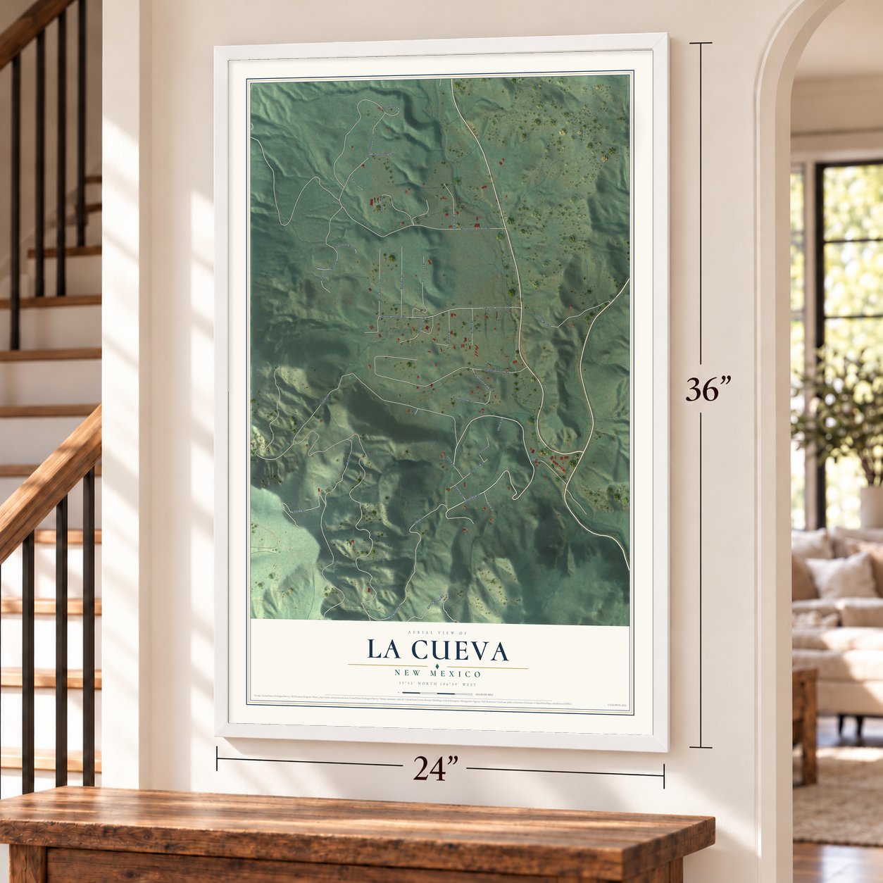 La Cueva, New Mexico map, 24 x 36 inch print in a white frame by a staircase
