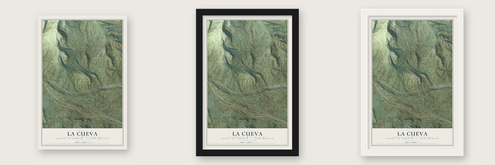 La Cueva, Santa Fe County, New Mexico map unframed, in a black wood frame and in a white wood frame