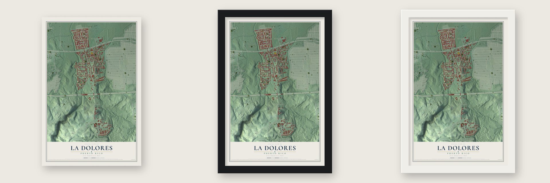 La Dolores, Puerto Rico map unframed, in a black wood frame and in a white wood frame