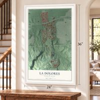 La Dolores, Puerto Rico map, 24 x 36 inch print in a white frame by a staircase