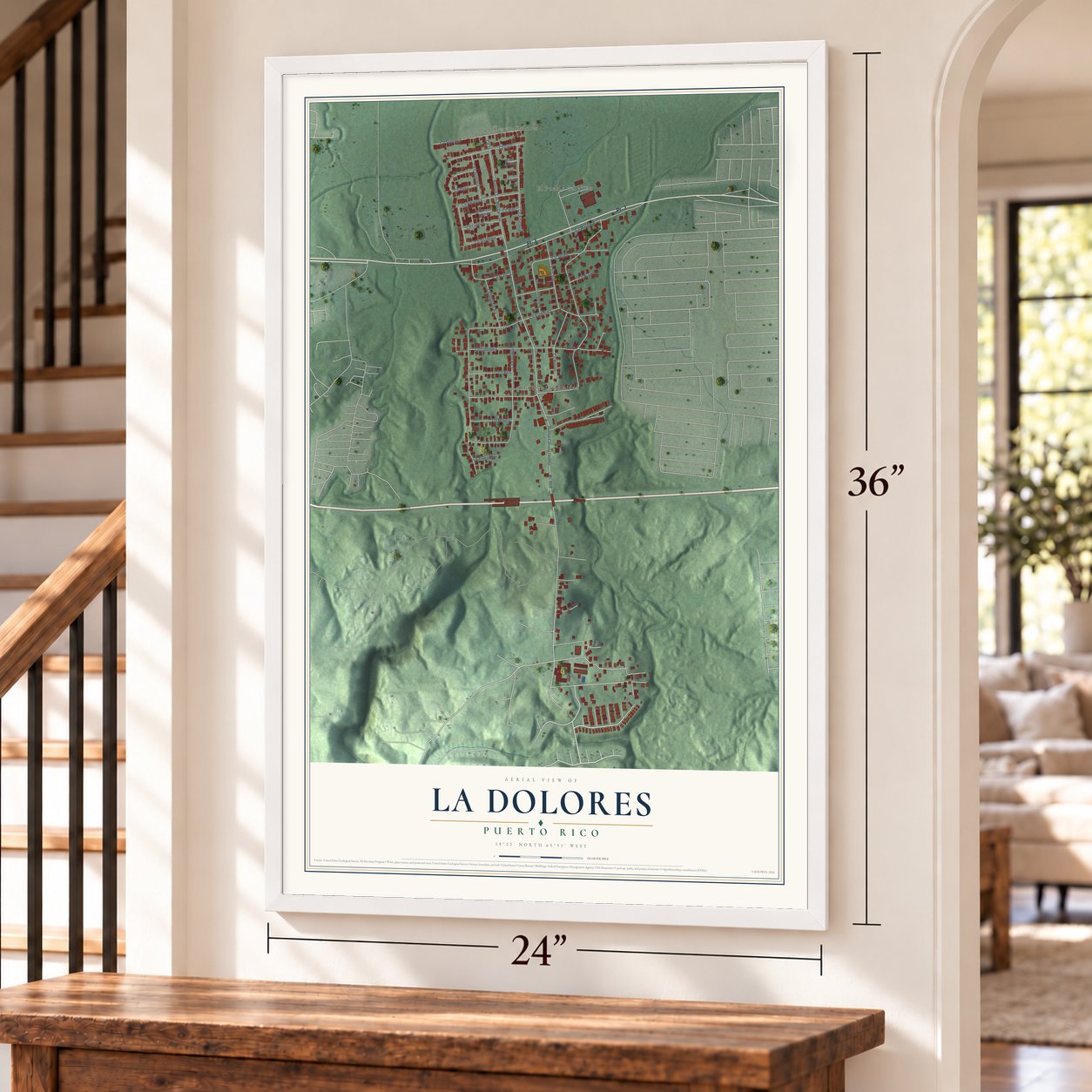 La Dolores, Puerto Rico map, 24 x 36 inch print in a white frame by a staircase