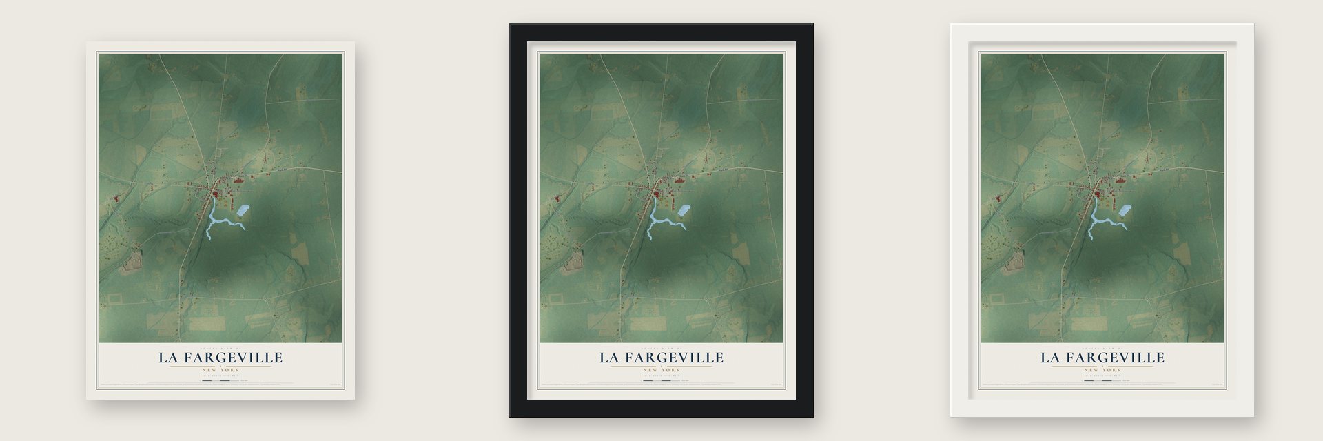 La Fargeville, New York map unframed, in a black wood frame and in a white wood frame
