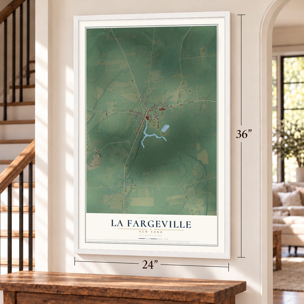 La Fargeville, New York map, 24 x 36 inch print in a white frame by a staircase