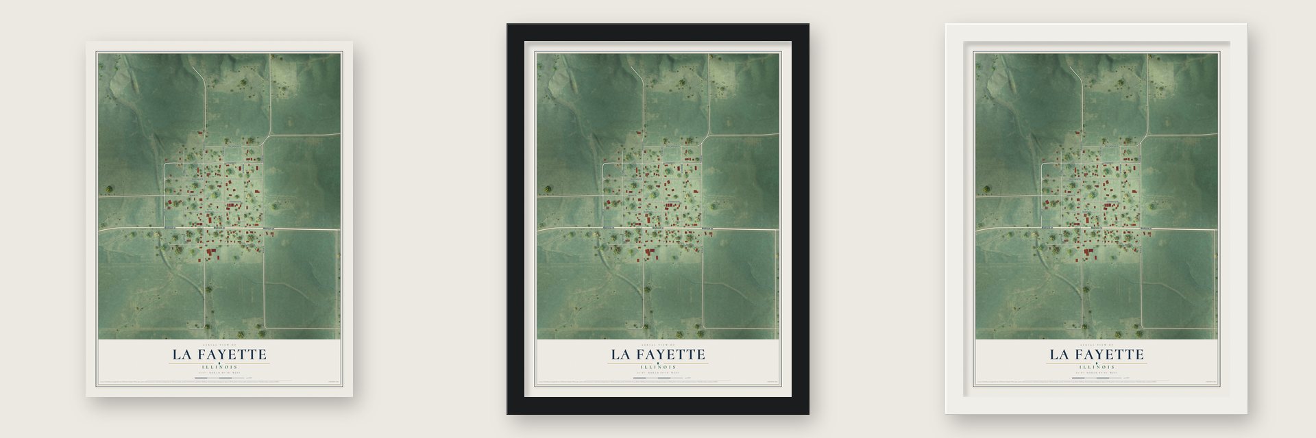 La Fayette, Illinois map unframed, in a black wood frame and in a white wood frame