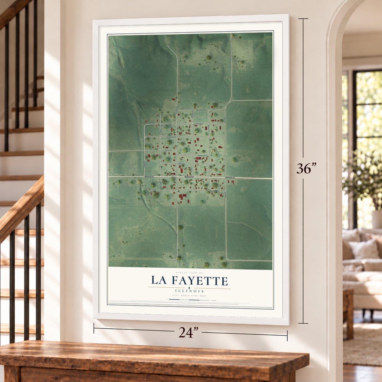 La Fayette, Illinois map, 24 x 36 inch print in a white frame by a staircase