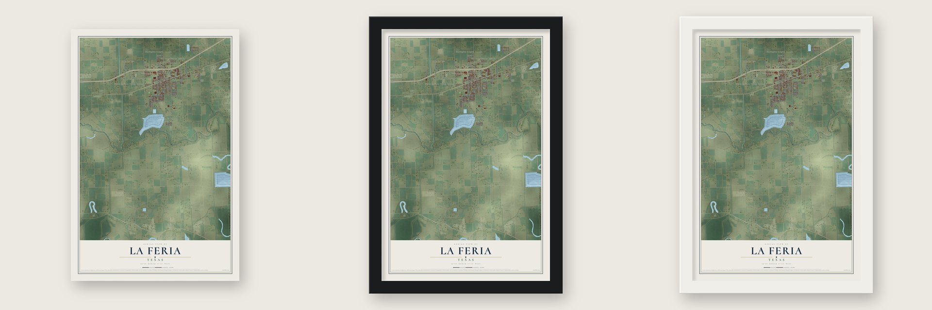 La Feria, Texas map unframed, in a black wood frame and in a white wood frame