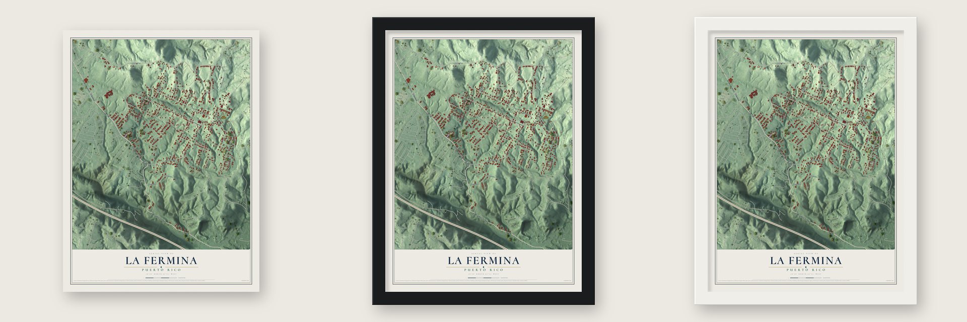 La Fermina, Puerto Rico map unframed, in a black wood frame and in a white wood frame