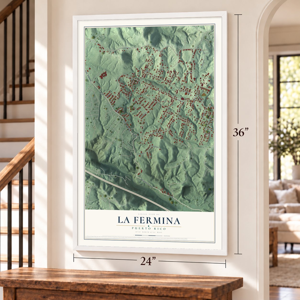 La Fermina, Puerto Rico map, 24 x 36 inch print in a white frame by a staircase