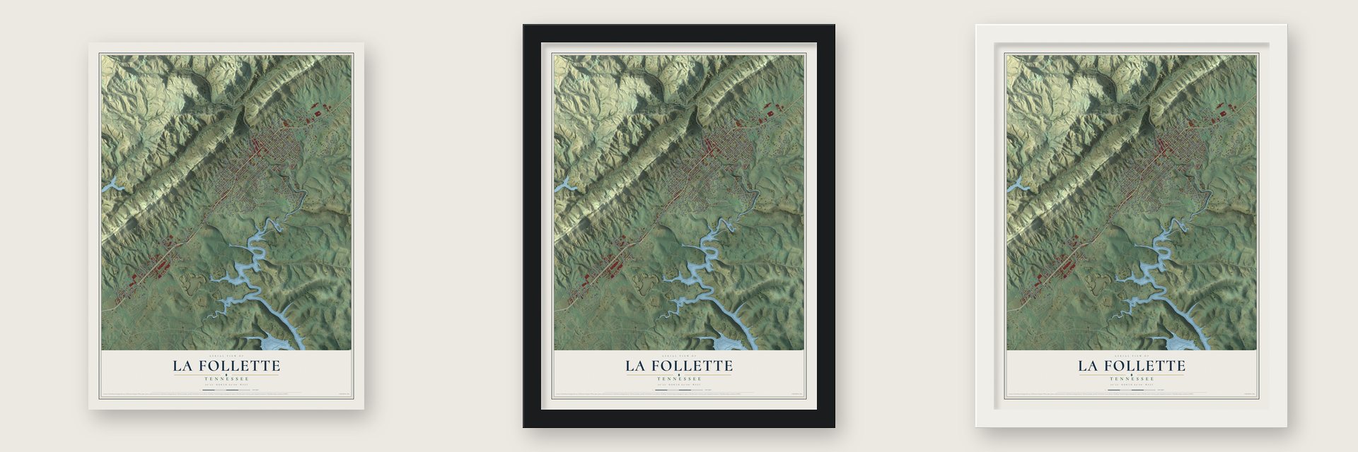 La Follette, Tennessee map unframed, in a black wood frame and in a white wood frame
