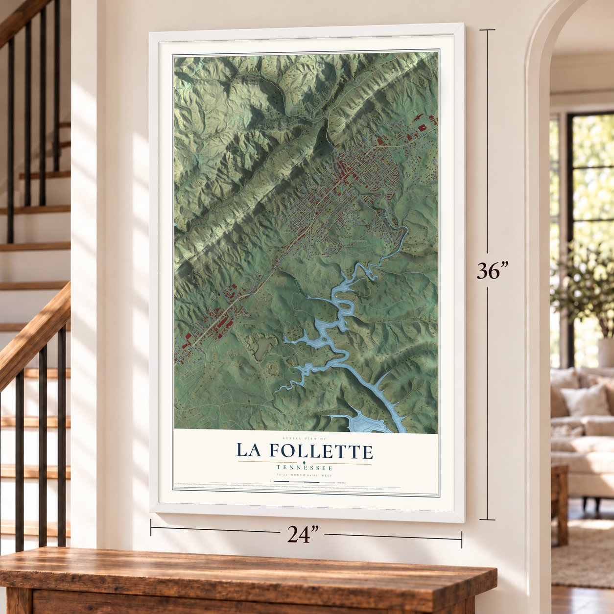 La Follette, Tennessee map, 24 x 36 inch print in a white frame by a staircase