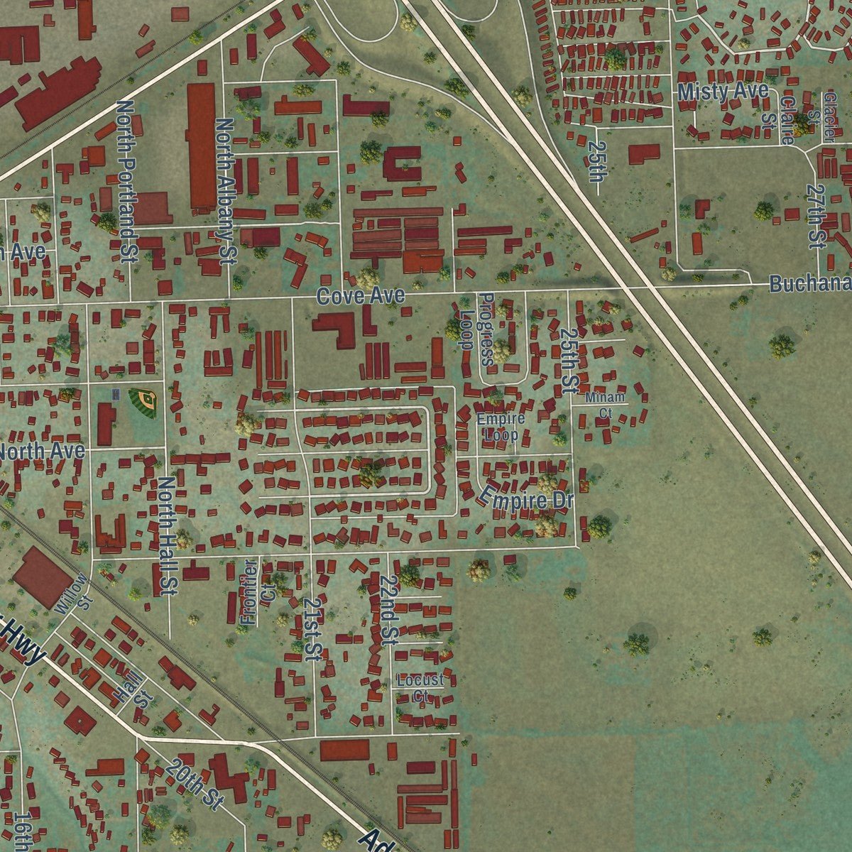 Second close-up of the map of La Grande, Oregon print showing more streets and buildings