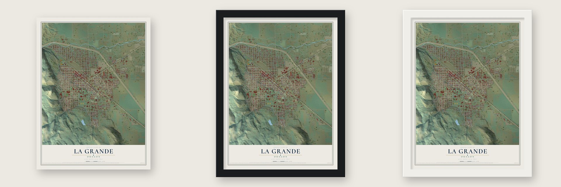 La Grande, Oregon map unframed, in a black wood frame and in a white wood frame