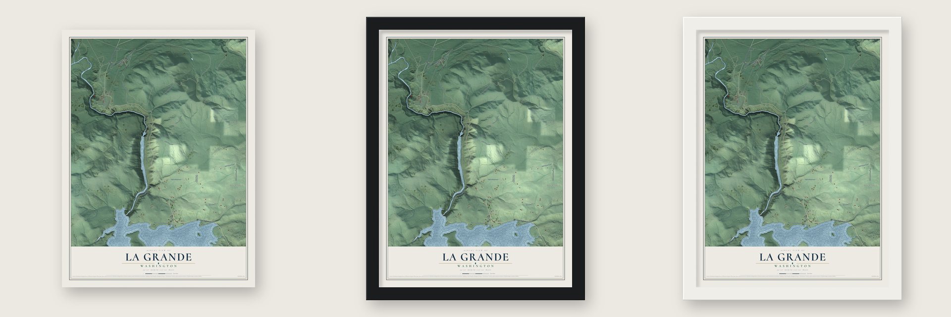 La Grande, Washington map unframed, in a black wood frame and in a white wood frame
