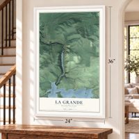 La Grande, Washington map, 24 x 36 inch print in a white frame by a staircase