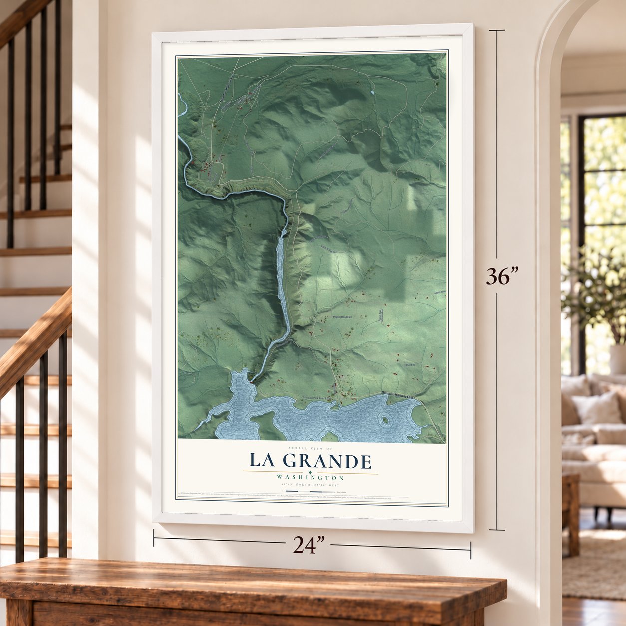 La Grande, Washington map, 24 x 36 inch print in a white frame by a staircase