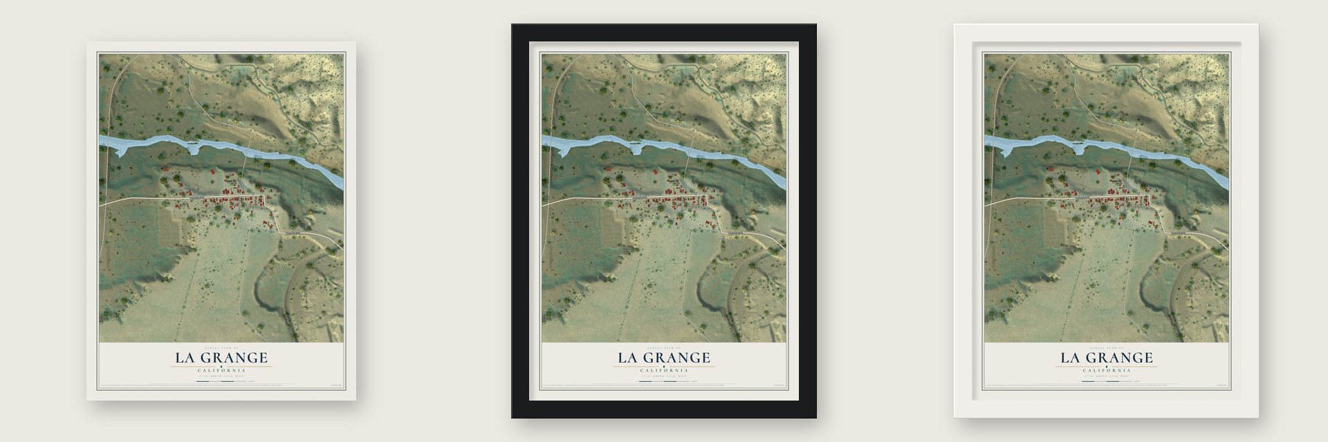 La Grange, California map unframed, in a black wood frame and in a white wood frame