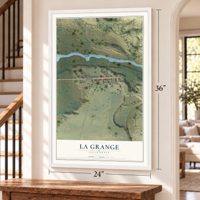 La Grange, California map, 24 x 36 inch print in a white frame by a staircase