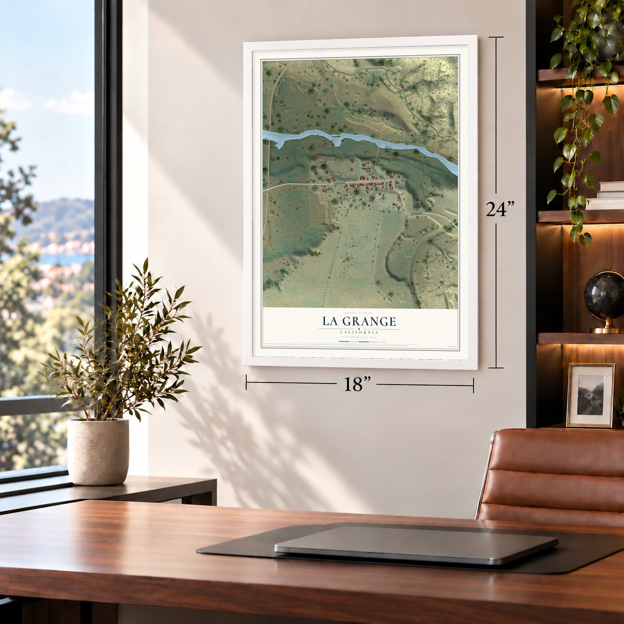 La Grange, California map, 18 x 24 inch print in a white frame in a home office