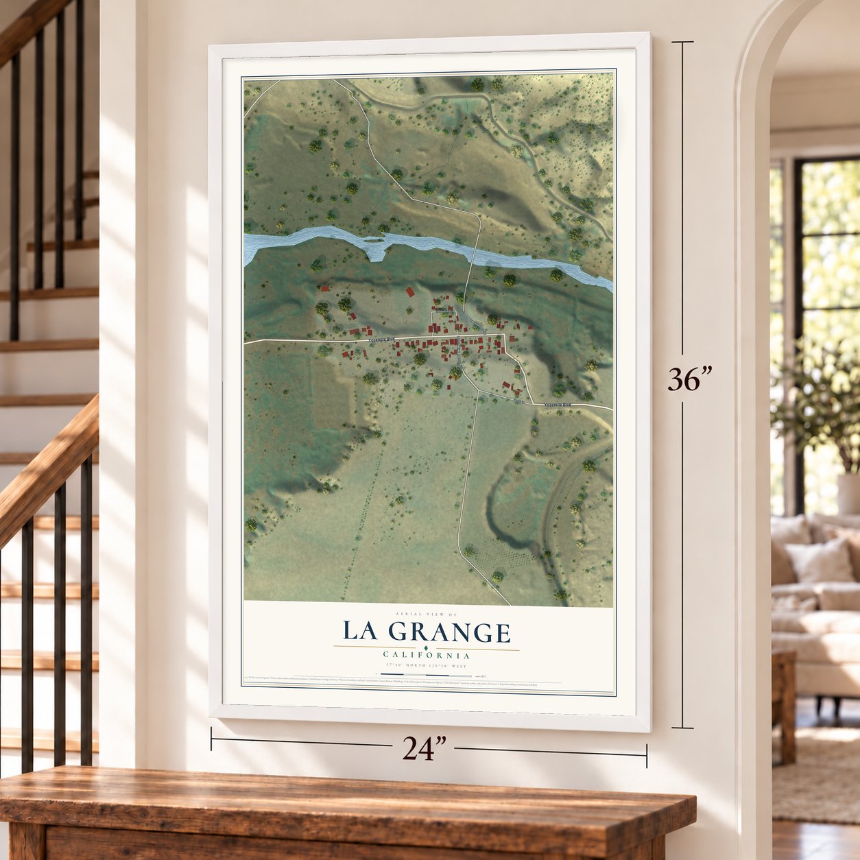 La Grange, California map, 24 x 36 inch print in a white frame by a staircase