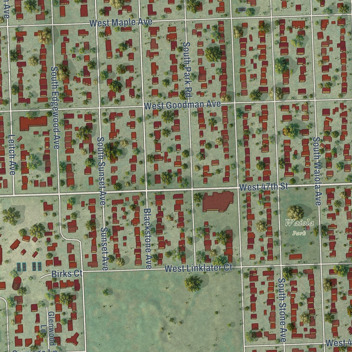 Second close-up of the map of La Grange, Illinois print showing more streets and buildings