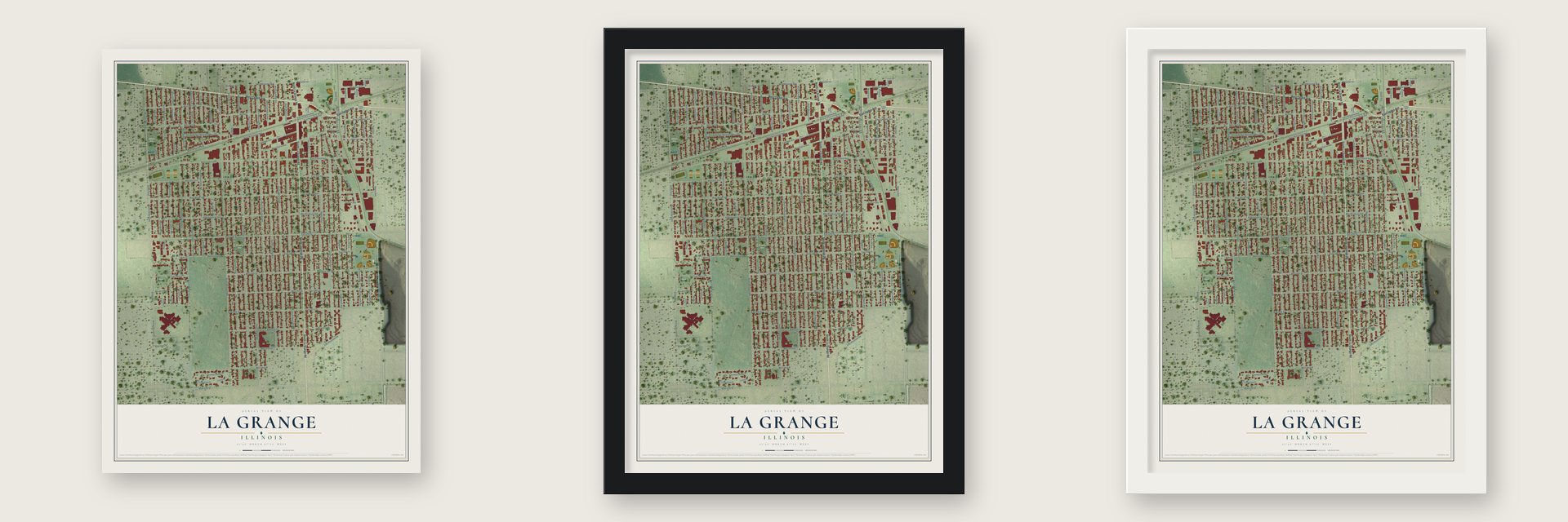La Grange, Illinois map unframed, in a black wood frame and in a white wood frame
