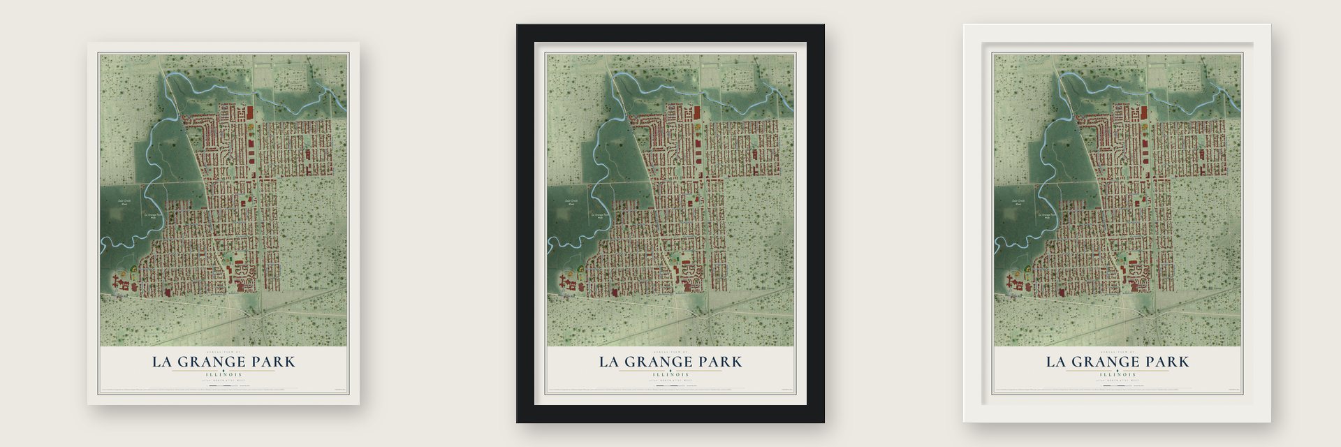 La Grange Park, Illinois map unframed, in a black wood frame and in a white wood frame