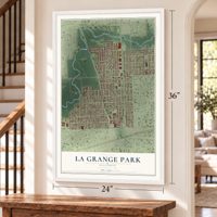 La Grange Park, Illinois map, 24 x 36 inch print in a white frame by a staircase