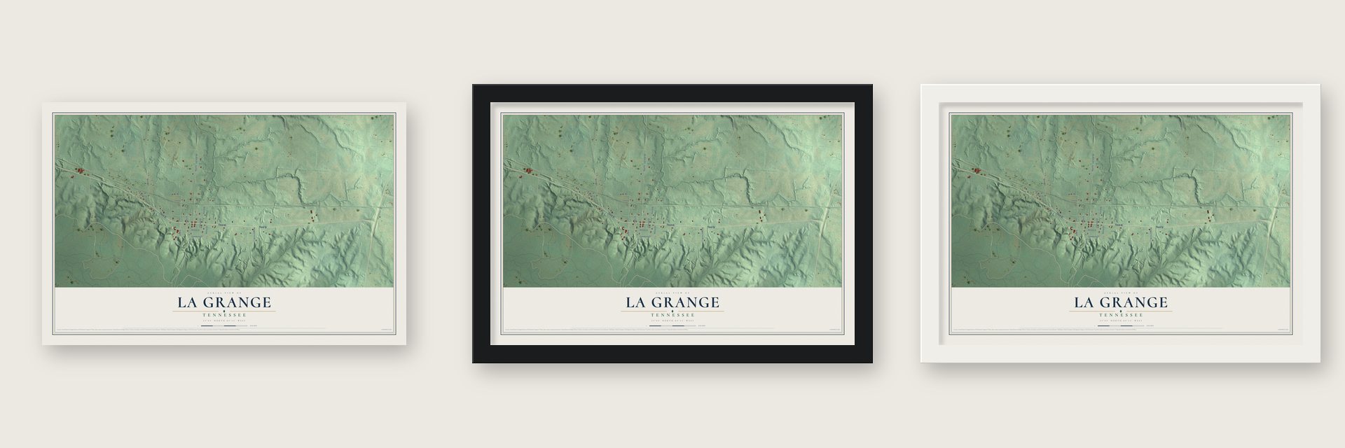 La Grange, Tennessee map unframed, in a black wood frame and in a white wood frame