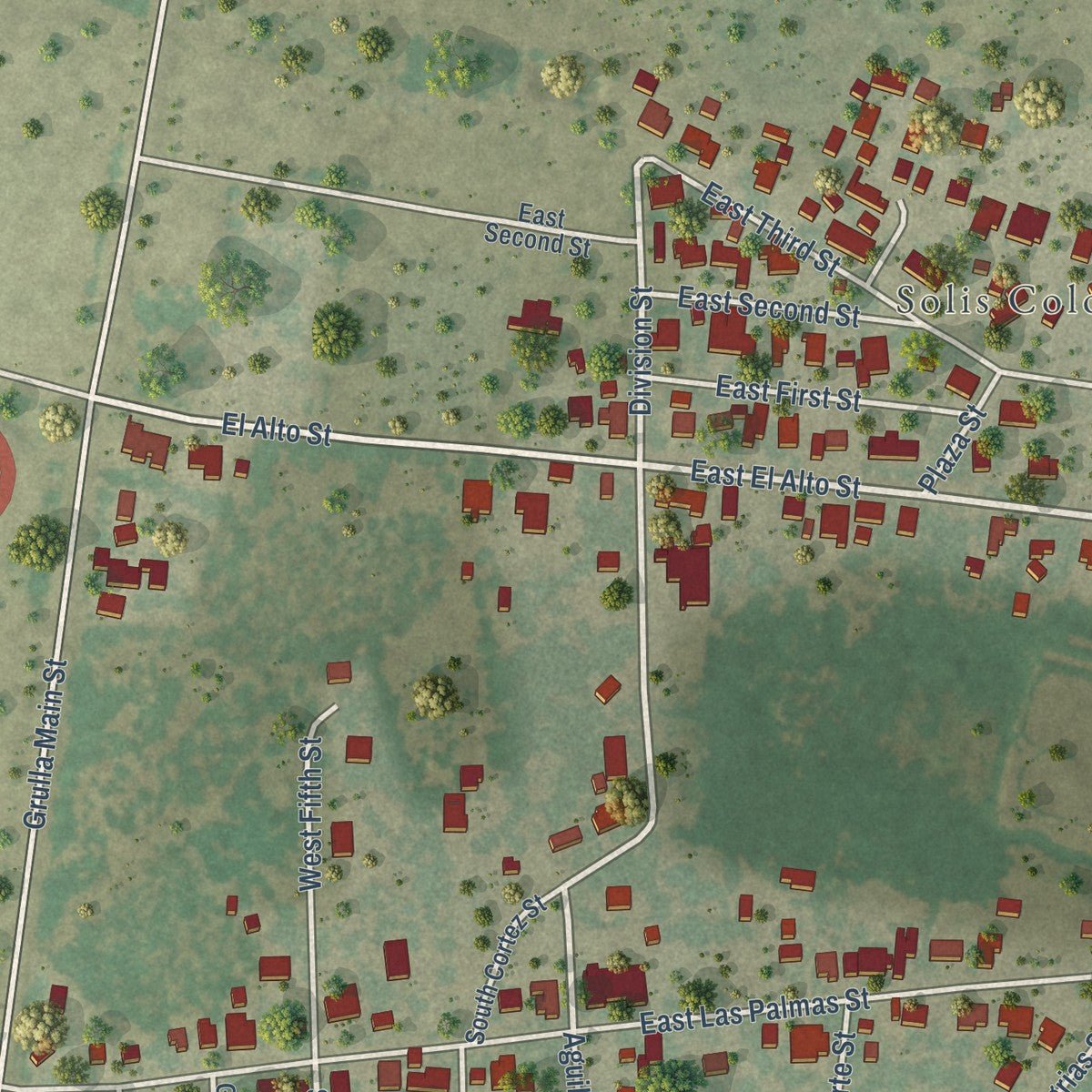 Second close-up of the map of La Grulla, Texas print showing more streets and buildings