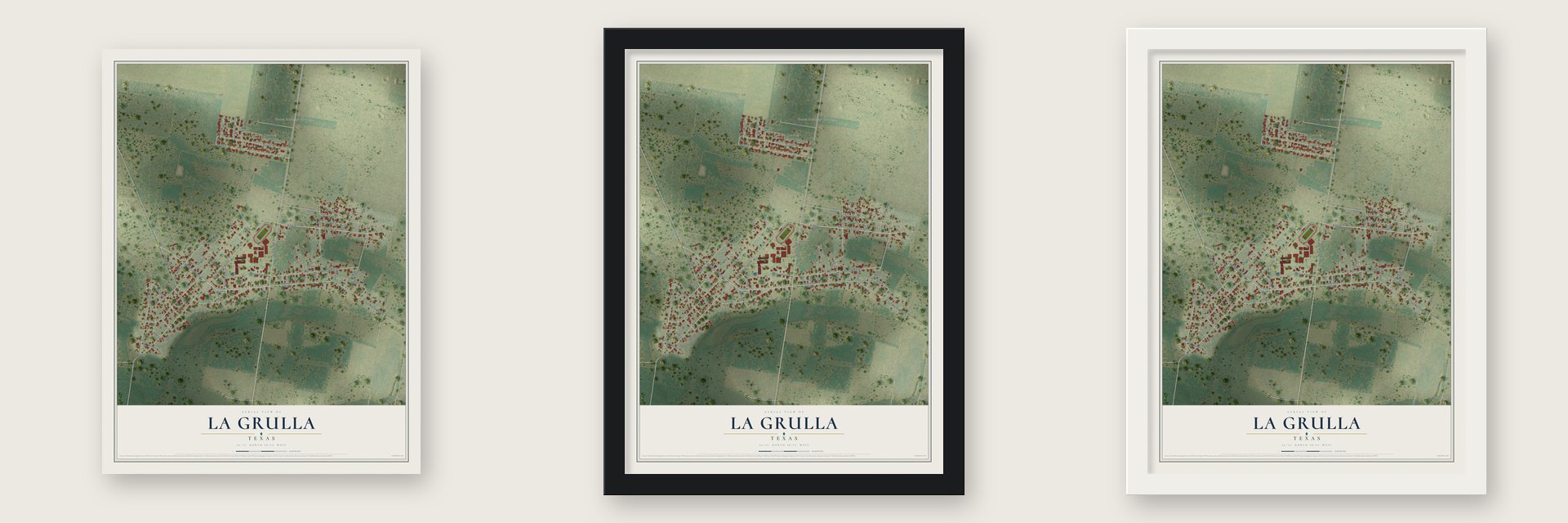 La Grulla, Texas map unframed, in a black wood frame and in a white wood frame