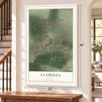 La Grulla, Texas map, 24 x 36 inch print in a white frame by a staircase