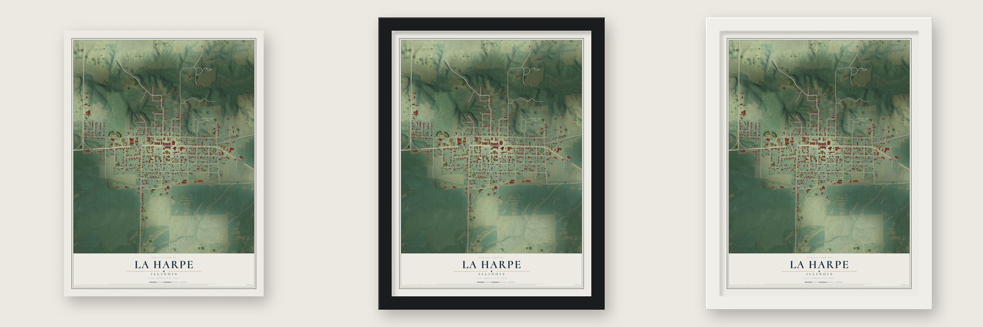 La Harpe, Illinois map unframed, in a black wood frame and in a white wood frame