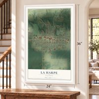 La Harpe, Illinois map, 24 x 36 inch print in a white frame by a staircase