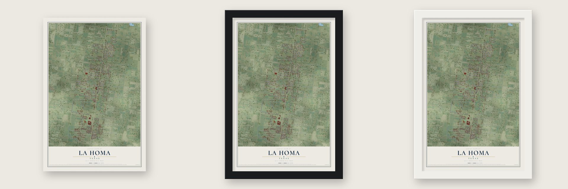 La Homa, Texas map unframed, in a black wood frame and in a white wood frame