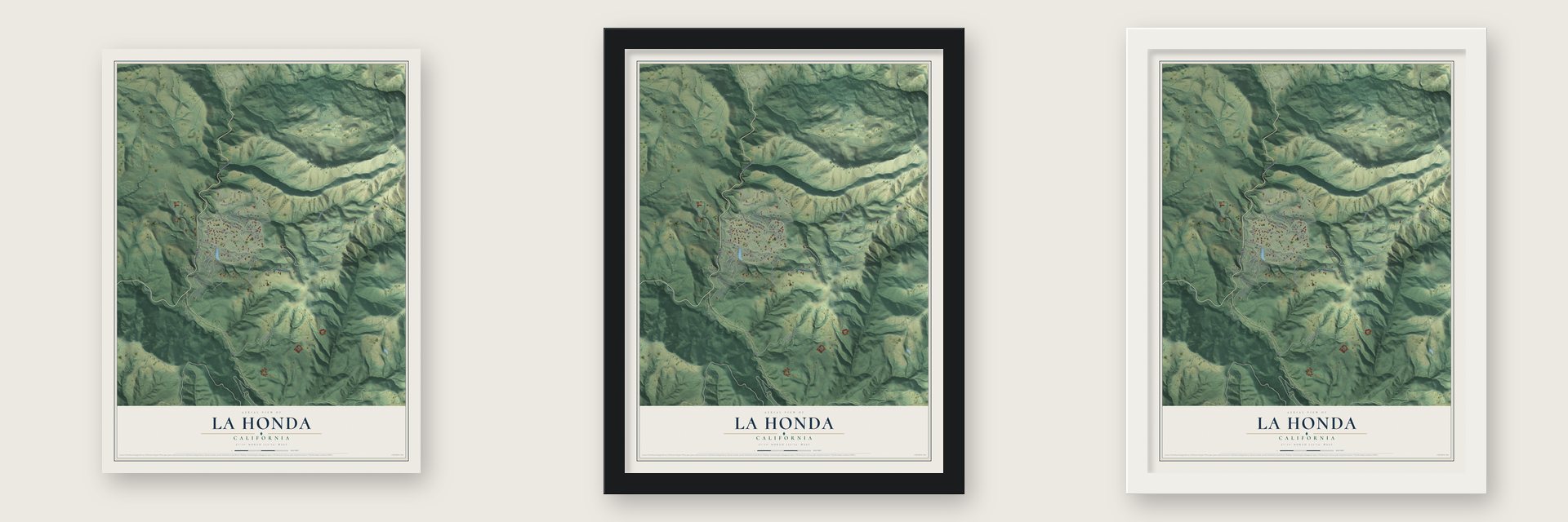La Honda, California map unframed, in a black wood frame and in a white wood frame