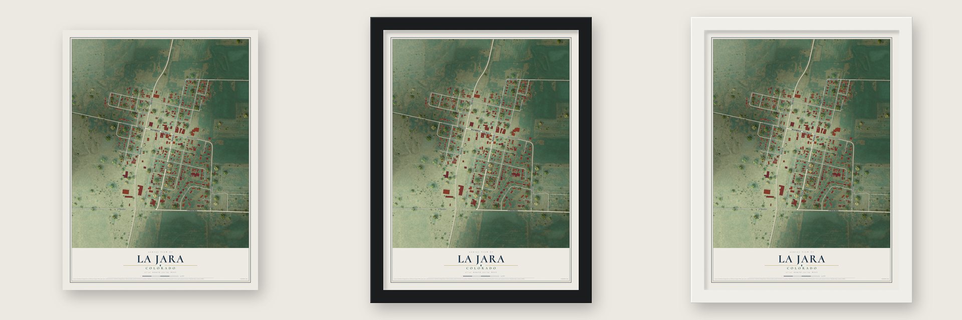 La Jara, Colorado map unframed, in a black wood frame and in a white wood frame